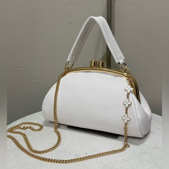 White Premium Pebble Leather Handmade Kisslock Clutch Bag, Multi Use Style - Picture 1 of 13